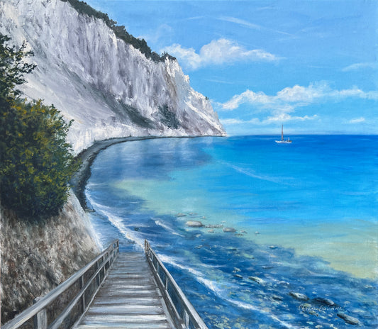 A painting depicting a scenic view of a coastline with cliffs and a calm sea in the background, with a blue sky overhead.