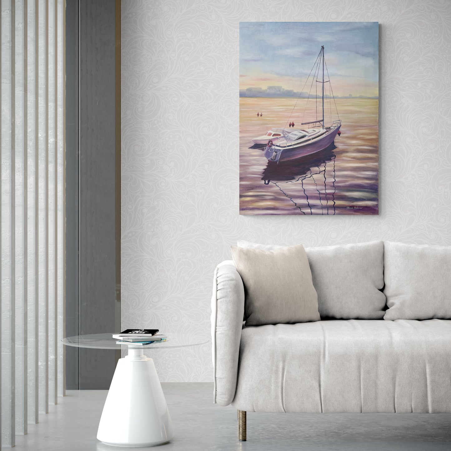 A painting on the wall above the sofa