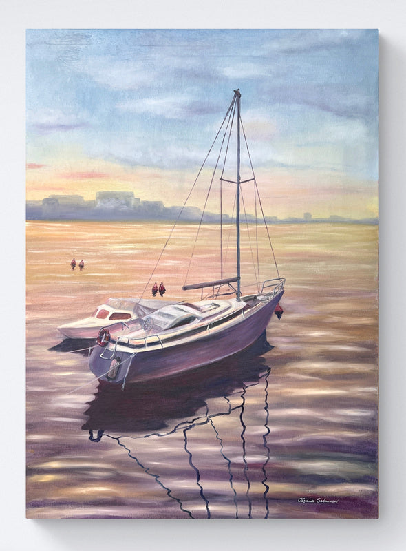 A painting depicting sailboats on a body of water at sunset, with soft, warm colors and a reflection of the sky on the water.