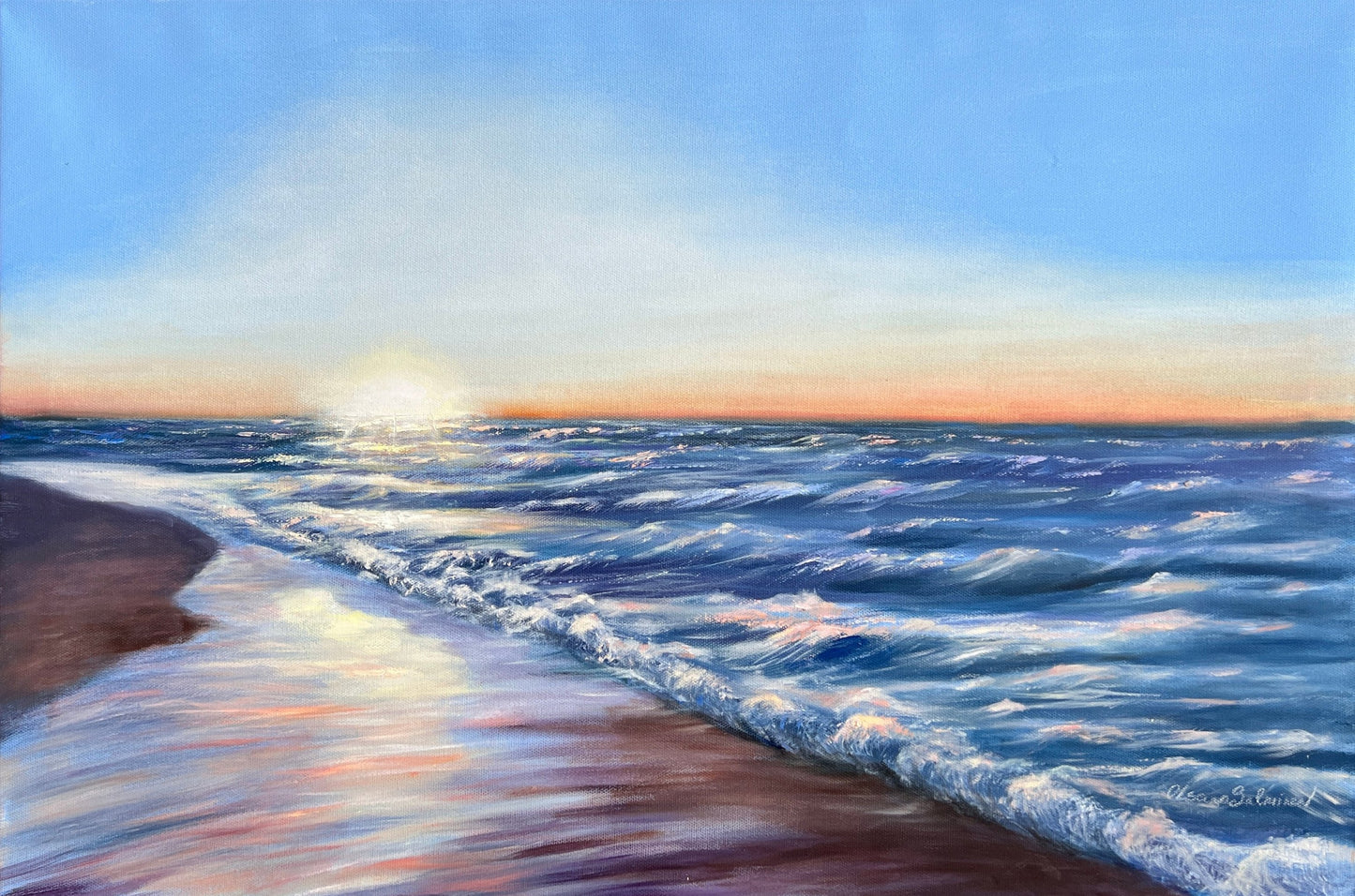 An original oil painting on canvas featuring abstract and sophisticated sea and sunshine colors, with a view of a sunset over the ocean.