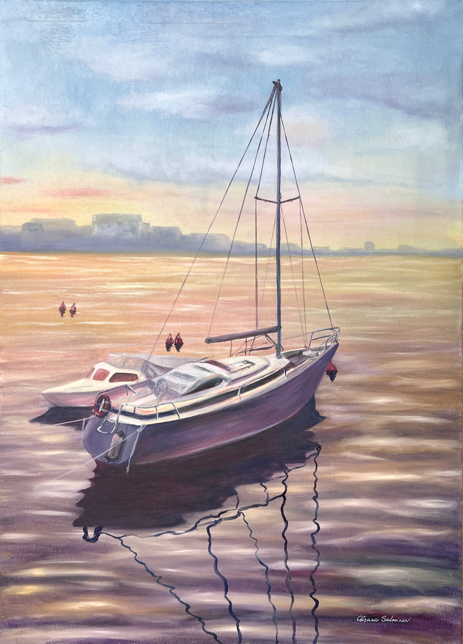 Oil painting depicting sailboats on the sea at sunset, with soft orange and yellow colors reflecting on the water.