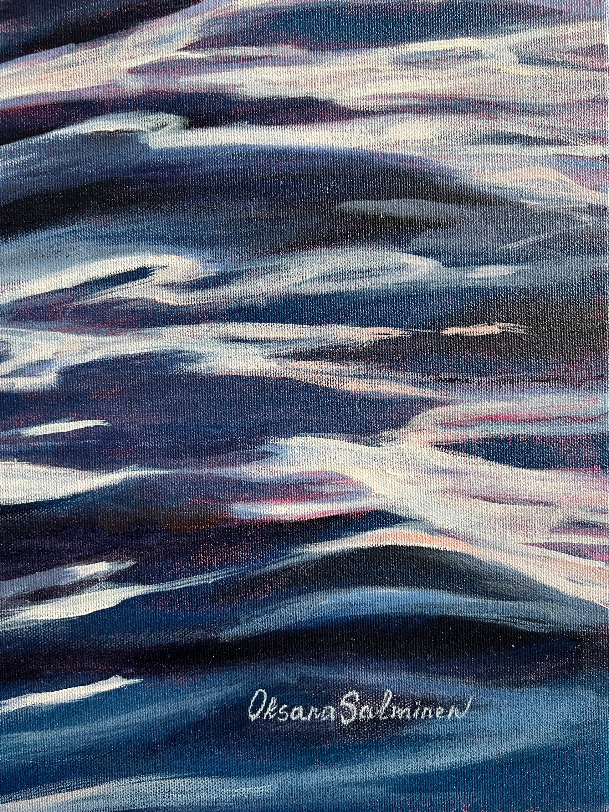 Abstract art piece with wavy patterns in blue and white, signed 'Oksana Salminen'.