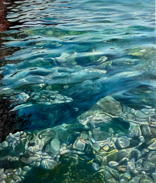 Artistic depiction of water with reflections and underwater stones