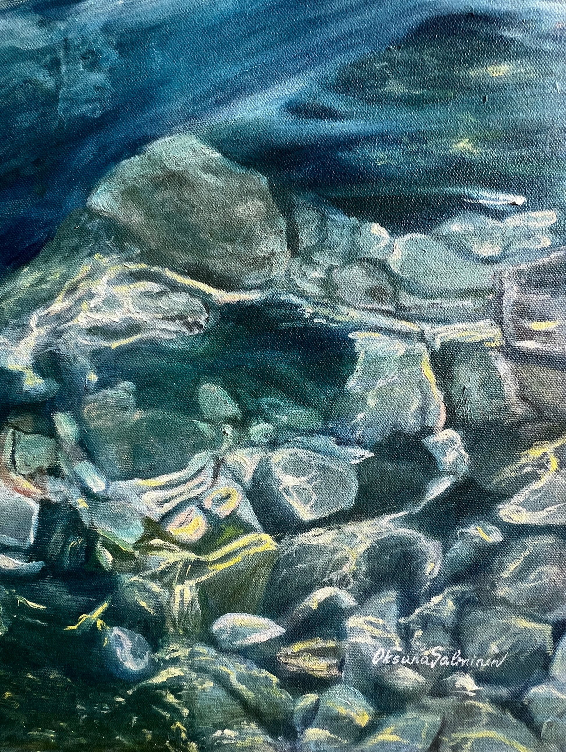 Artistic depiction of rocks and water with a signature in the corner