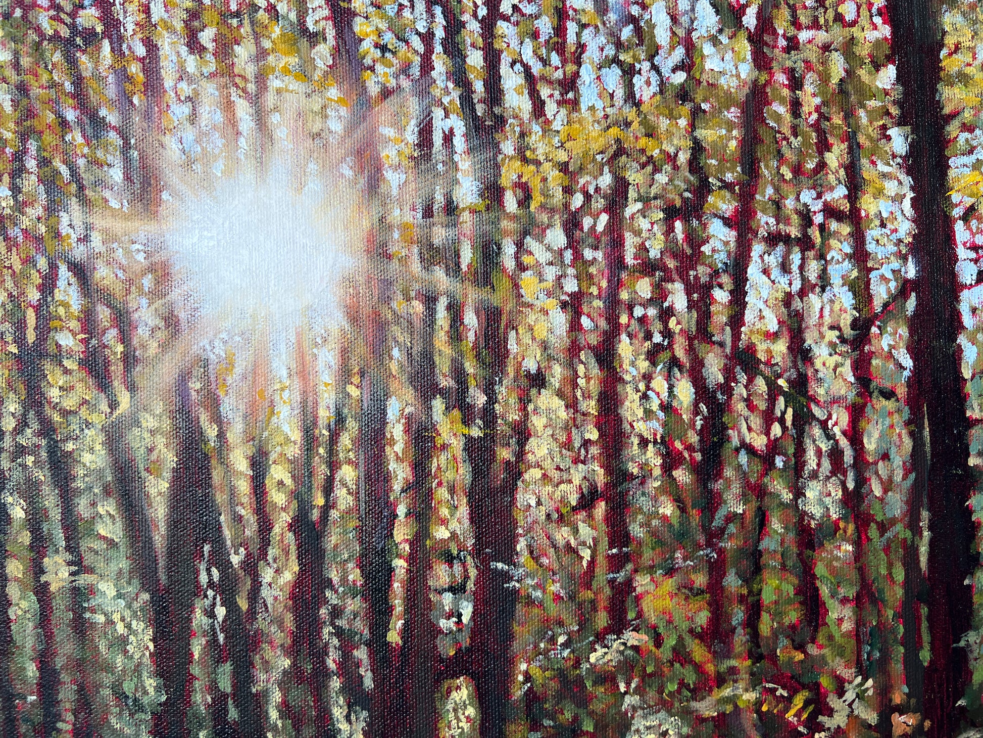Painting of a forest with sunlight filtering through the trees