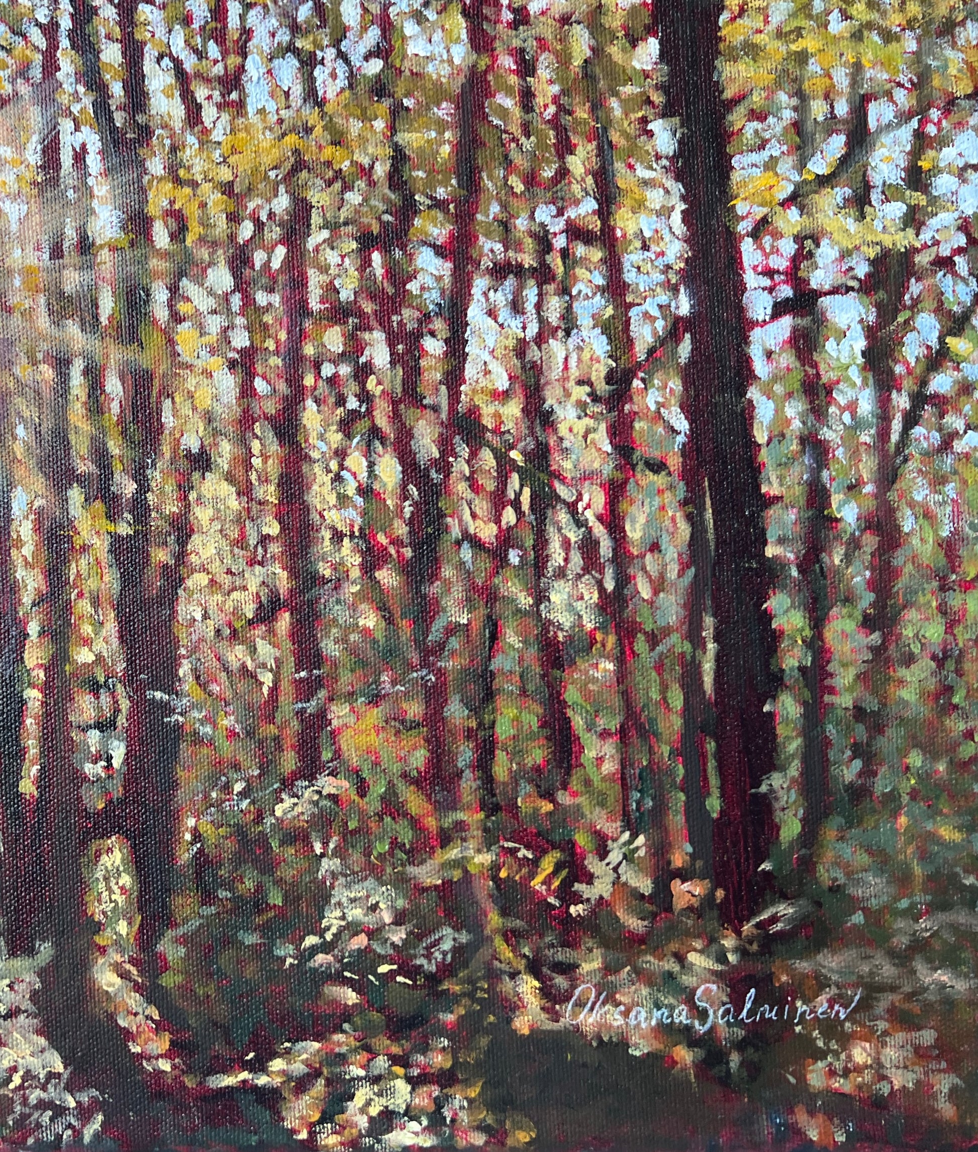 Painting of a forest scene with trees and underbrush