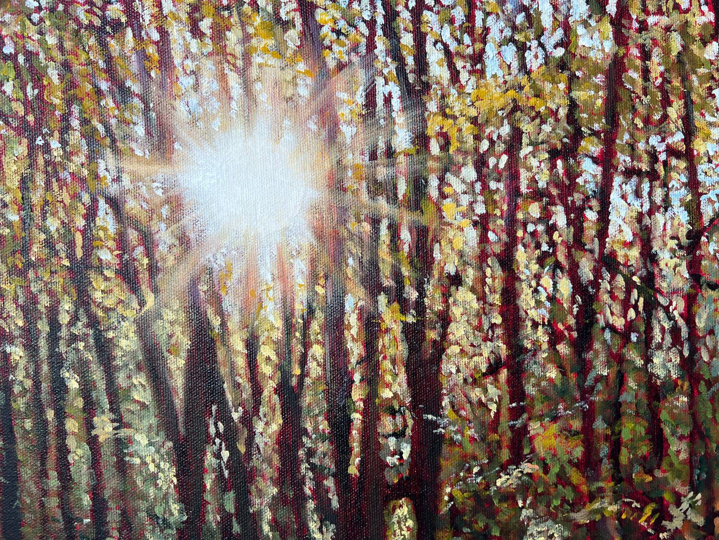 Painting of a forest with sunlight filtering through the trees