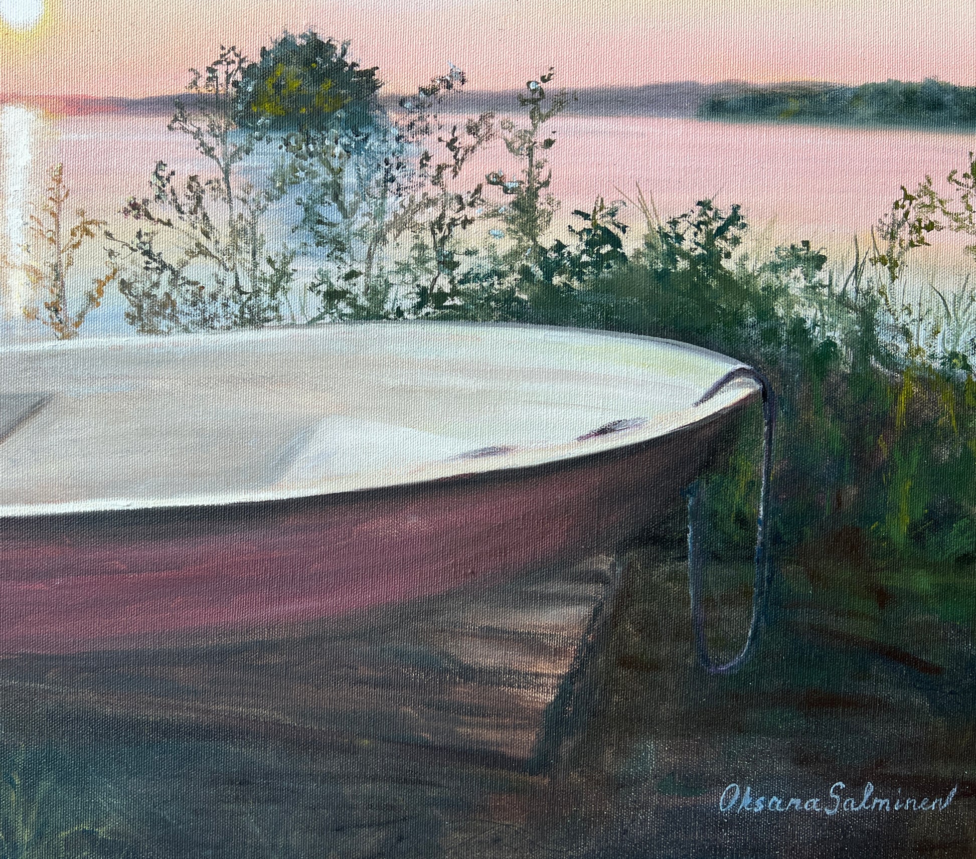 Painting of a red rowboat on a dock with a lake and trees in the background