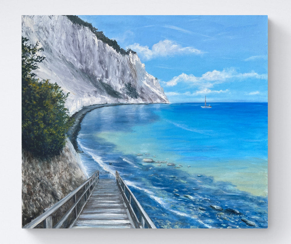 Canvas print of a coastal scene with a staircase leading down to the sea.