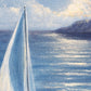 A close-up painting of a sailboat with a white sail and mast against a blue ocean under a cloudy sky, with a dark landform visible in the distance.