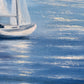A close-up of a painted seascape showing a white sailboat on blue water with white wave reflections.