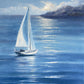 A painted seascape featuring a small white sailboat on deep blue water with a distant rocky shoreline under a cloudy sky. The artwork fills the frame, with no visible mat or wall surround.