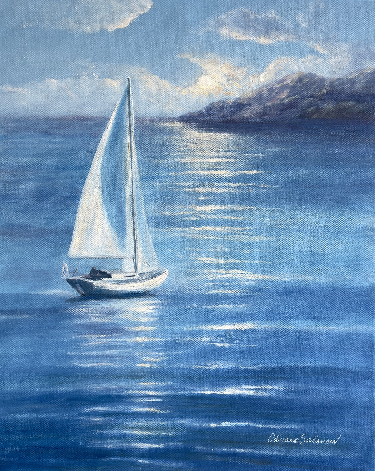 A painted seascape featuring a small white sailboat on deep blue water with a distant rocky shoreline under a cloudy sky. The artwork fills the frame, with no visible mat or wall surround.