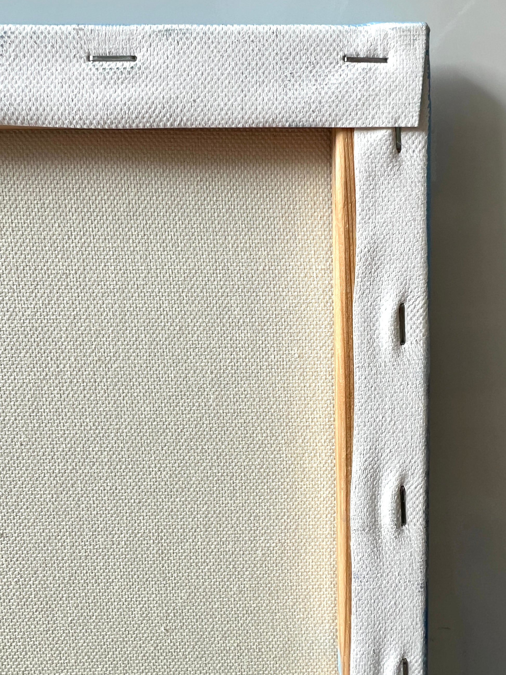 Close-up of a canvas wall art frame showing the textured off-white fabric border, wooden stretcher bars, and hanging holes.