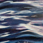 Abstract art piece with wavy patterns in blue and white, signed 'Oksana Salminen'.