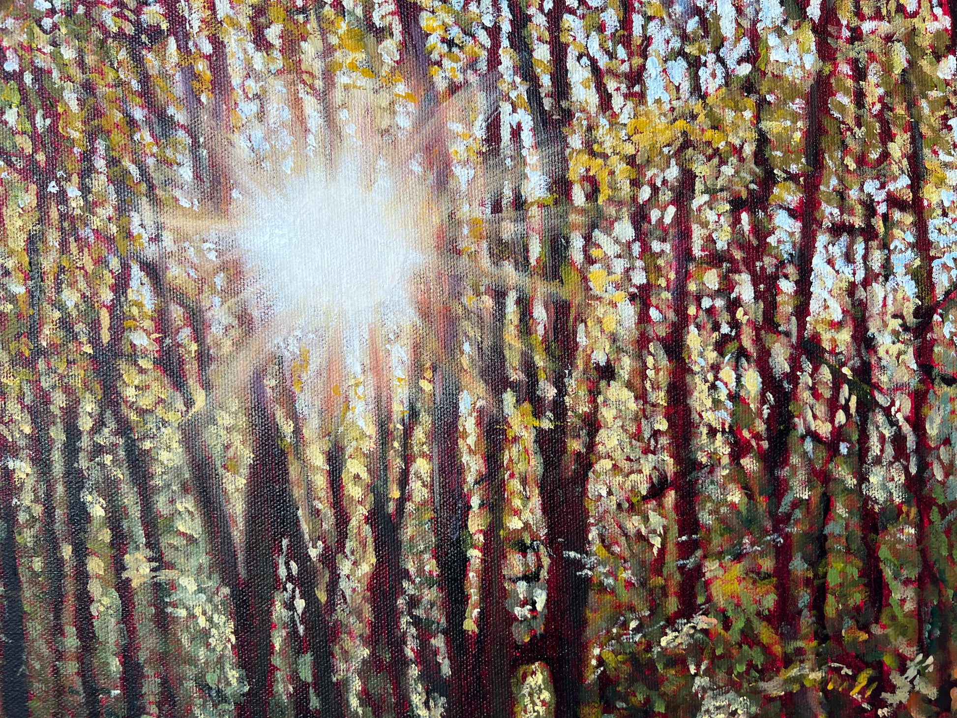 Painting of a forest with sunlight filtering through the trees