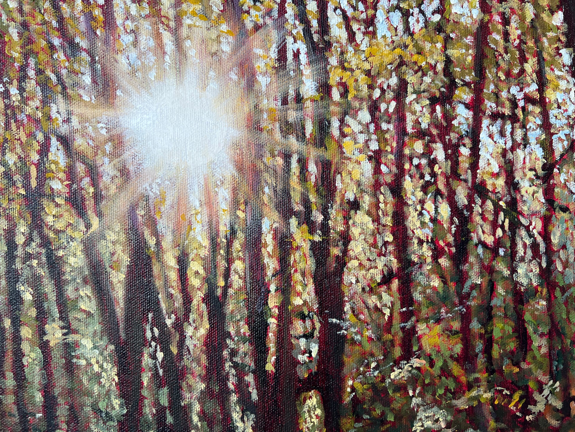 Painting of a forest with sunlight filtering through the trees