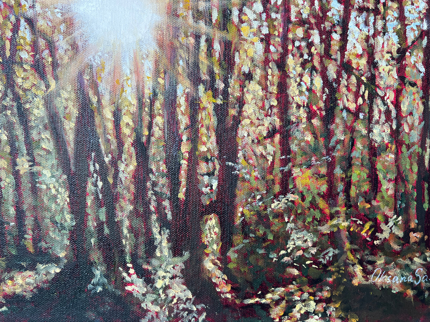 Painting of a forest scene with trees and underbrush