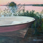Painting of a red rowboat on a dock with a lake and trees in the background