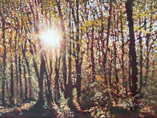 Painting of a forest with sunlight filtering through the trees