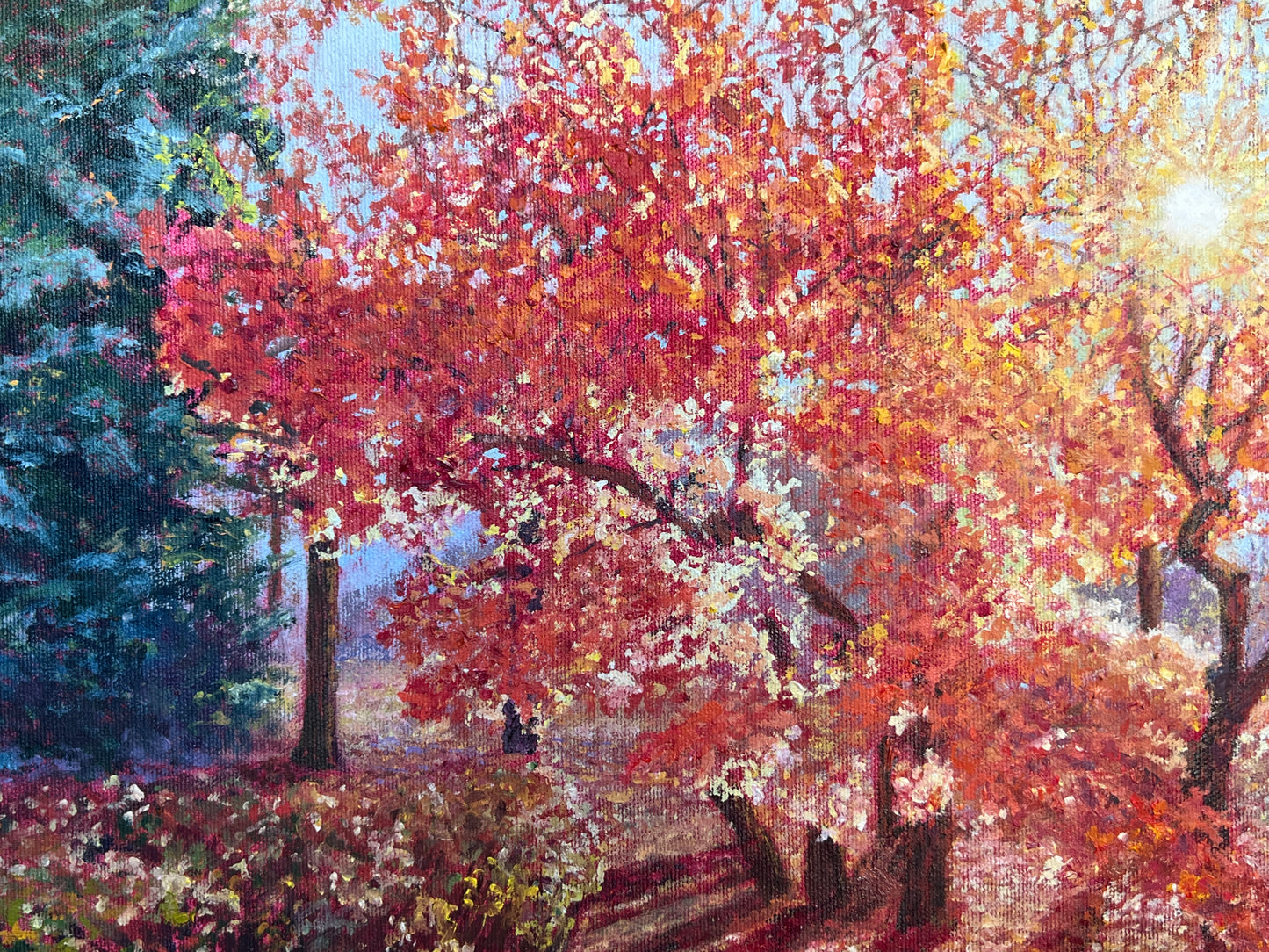 Painting of a garden with trees in autumn colors
