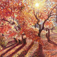 Painting of a path lined with trees in autumn with warm colors.