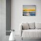 Original oil painting on canvas depicting a sunset over calm water, styled in a modern living room setting above a light gray sofa.